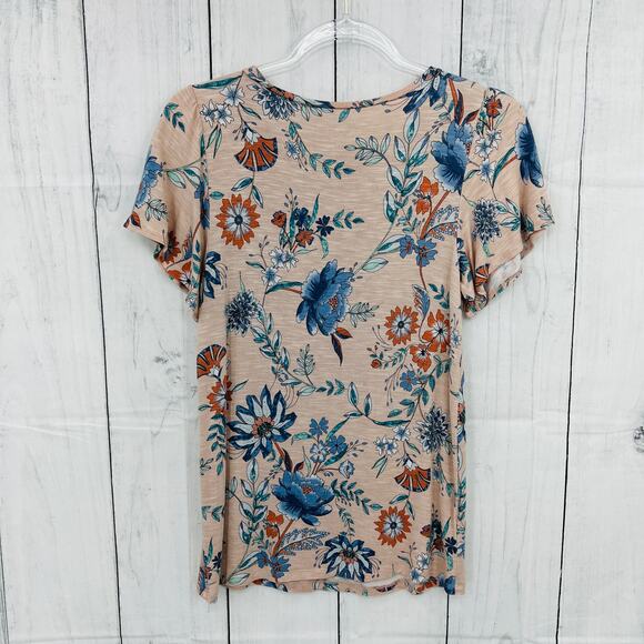 LOFT Outlet Pink Floral Tee Shirt stretchy boho cap sleeve sz XS - Picture 2 of 7